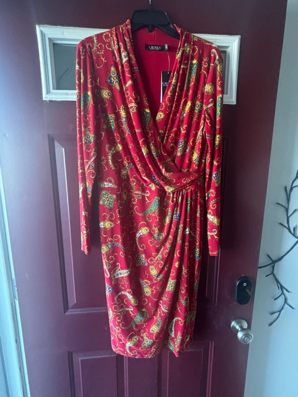 Ralph Lauren Red Paisley Draped Wrap-Style Long Sleeve Dress